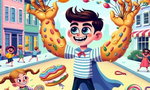 George, un tânăr cu părul castaniu și ochi jucăuși, se află în centrul imaginii, având brațele transformate în prăjituri colorate. Zâmbește larg, plin de determinare și distracție, în timp ce își folosește puterile pentru a prinde baloane care zboară în jurul său. La dreapta lui, un hoț amuzat, de aproximativ 30 de ani, cu o șapcă roșie și un tricou cu dungi, încearcă să scape râzând, având brațele pline de baloane colorate. La stânga, o fetiță de aproximativ 8 ani, cu părul blond împletit, privește scena cu ochii mari, ținând în mână o suzetă uriașă, fascinată de spectacol. Scena se desfășoară pe o stradă animată dintr-un cartier colorat, cu case cu fațade pastel și copaci înfloriți, în timp ce copii se joacă și râd în fundal, creând o atmosferă veselă și dinamică. Situatia principală îl arată pe George, supereroul comic, capturând baloanele hoților cu brațele sale de prăjituri, aducând un zâmbet pe fețele copiilor din jur, ilustrând astfel spiritul de aventură și camaraderie al poveștii.
