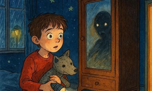 Een 8-jarige jongen met grote ogen en warrig bruin haar, bleek gezicht verlicht door een kleine zaklamp, zit op de rand van het bed en kijkt naar een donkere houten kledingkast met klein spiegel; hij knuffelt een versleten grijze stoffen wolvenknuffel tegen zich aan. De spiegel toont een langgerekte schaduw met glinsterende ogen en een halfopen mond alsof ze fluistert. De slaapkamer is klein, muurkleur nachtblauw met fosforiserende sterren, glanzend houten vloer, bij het raam ziet men straatverlichting en regen die zilveren strepen op het glas tekent; de deur van de kamer staat op een kier met warme gangverlichting. De jongen, bezorgd maar nieuwsgierig, richt zijn zaklamp op de spiegel terwijl de fluisterende schaduw lijkt te verschijnen; de sfeer is gespannen maar niet dreigend, een mengeling van mysterie en zachtheid.