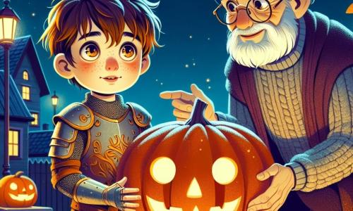 Een 10-jarig jongetje, Thomas, met rommelig bruin haar en nieuwsgierige ogen, staat voor een enorme, glanzende oranje pompoen. Zijn gezicht straalt verwondering en opwinding uit, met lichtroze wangen door de kou van Halloween. Hij draagt een zelfgemaakt ridderkostuum met kartonnen harnas en een papieren zwaard in zijn rechterhand. Naast hem staat een oudere man, meneer Hendrik, ongeveer 70 jaar oud, met een lange witte baard en ronde brillen, die warm glimlacht. Hij is gekleed in een grijze wollen trui en fluwelen broek, en leunt lichtjes naar Thomas terwijl hij met een samenzweerderige blik naar de pompoen wijst. De scène speelt zich af in een charmante tuin van een oud huisje, omringd door gouden herfstbladeren en fonkelende lantaarns. De nacht is helder, met een volle maan die de scène in een zachte, mysterieuze gloed verlicht. Thomas en meneer Hendrik zijn bezig de pompoen open te snijden, waarbij een magische gloed uit de binnenkant straalt, terwijl een kleine gekleurde steen fel oplicht en hun aandacht trekt.