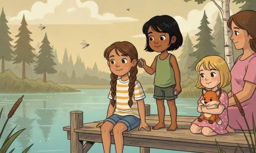 Three girls on a weathered wooden dock over a calm blue-green lake at golden late-afternoon light: Lola, 10, brown braided hair, yellow striped tee and jean shorts, sits left holding Mira's hand and smiling at the water; Mira, 9, short black hair with a freckled nose, green tank top, sits center with feet in the water holding a pebble and looking at her friends; Bea, 8, short blonde hair, pink polka-dot dress, sits right hugging a small orange fox plush and leaning against their mother (optionally visible), shy and happy. Tall grasses and reeds at the shore, pine and birch trees in the background, cream summer clouds, shining dragonflies; warm, tender atmosphere, saturated but soft colors, clean 90s cartoon lines, warm late-afternoon lighting with long shadows and textured details on wood and clothing.
