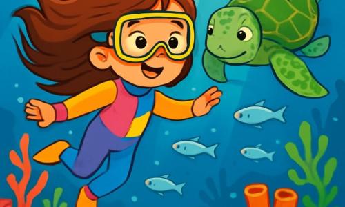 Una ragazza di 6 anni, Mia, con lunghi capelli castani che fluttuano nell'acqua, indossa una muta colorata. Il suo viso esprime meraviglia ed eccitazione, i suoi occhi brillanti scrutano le profondità marine. Accanto a lei, una grande tartaruga marina dalle scaglie verdi e dorate nuota lentamente, guardando Mia con benevolenza. Lo sfondo marino è pieno di coralli colorati, pesci argentati che danzano attorno a loro, e i raggi di sole filtrano attraverso la superficie dell'acqua, creando motivi scintillanti sulla sabbia. Mia è trascinata da una forte corrente, ma sorride, pronta a esplorare i misteri nascosti sotto le onde.