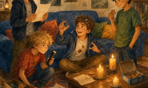 Ci sono quattro ragazzi di 12 anni: Nico, bruno con capelli corti pettinati di lato, viso serio e occhiali rotondi, tiene una lista e sta in piedi a sinistra del divano; Teo, suo gemello biondo e spettinato con sorriso malizioso e maglietta rossa macchiata di cioccolato, è accovacciato vicino a una scatola di giocattoli con una torcia giocattolo spenta, a destra di Nico; Ludo, castano con occhiali sportivi sulla testa e aria entusiasta, siede sul tappeto mostrando un cronometro immaginario tra Nico e Samu; Samu, capelli neri ricci e sorriso tranquillo, maglietta verde, tiene un biscotto mezzo mangiato vicino al tavolino. Ambientazione: salotto familiare caldo dipinto ad acquerello, pareti crema con poster d'avventura, grande divano blu con cuscini colorati, tappeto morbido con macchie di cioccolato, tavolino di legno con candele spente e scatola di biscotti aperta, luce arancione soffusa. Situazione: i quattro fanno una mini "missione in casa" durante un blackout preparando una caccia al tesoro con indizi di carta sul pavimento, risate e gesti animati, atmosfera comica e tenera, composizione compatta attorno al tavolino.