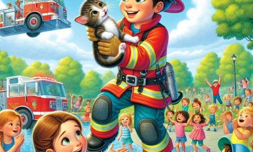 Ein Feuerwehrmann namens Max, lächelnd und mutig, trägt eine leuchtend rote Uniform mit einem glänzenden Helm. Er steigt von einer Leiter herunter und hält ein kleines Kätzchen in seinen Armen, mit einem Ausdruck von Stolz und Freude auf seinem Gesicht. Neben ihm steht ein 7-jähriges Mädchen namens Mia, mit großen bewundernden Augen und geflochtenen braunen Haaren. Sie schaut Max bewundernd an, die Arme erhoben zur Ermutigung. Ein 8-jähriger Junge namens Leo steht etwas im Hintergrund, die Hände in die Hüften gestützt, mit einem breiten, enthusiastischen Lächeln, bereit, Max' Leistung zu applaudieren. Die Szene spielt in einem sonnigen Park, mit grünen Bäumen im Hintergrund und einem blauen Himmel, der mit weißen Wolken durchzogen ist. Kinder spielen herum, und ein großer roter Feuerwehrwagen steht in der Nähe, mit Sirenen, die in der Sonne glänzen. Die Hauptsituation zeigt Max, der das im Baum feststeckende Kätzchen rettet, umgeben von Kindern, die ihn ermutigen und seinen Mut bewundern.