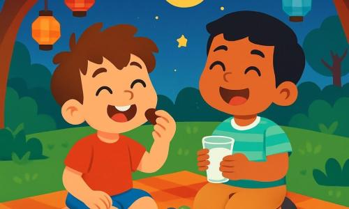Há 2 personagens principais: Tomás, um garoto de 6 anos com cabelos castanhos bagunçados e olhos curiosos, vestindo uma camiseta vermelha e um short azul, sentado em uma grande toalha de piquenique, saboreando uma tâmara com um grande sorriso; e Hassan, um garoto de 7 anos com cabelos negros e olhos marrons, usando uma camisa listrada e calças beiges, ao lado de Tomás, rindo alegremente e segurando um copo de leite. O cenário é um parque verdejante iluminado pela luz suave do crepúsculo, cercado por grandes árvores com folhas brilhantes e lanternas coloridas penduradas nos galhos, criando uma atmosfera acolhedora e mágica. Tomás e Hassan estão juntos na toalha, ansiosos pela aparição da lua, compartilhando risadas e guloseimas, rodeados pela magia do Ramadan, com estrelas cintilantes começando a brilhar no céu.