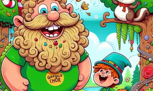 A friendly giant named Gregor, with a large curly beard resembling a cloud and a t-shirt made of green leaves, smiles joyfully while holding a big red apple in his massive hand. Next to him, a small boy named Benny, about 8 years old, wears a blue hat adorned with a red feather and a big smile, laughing heartily. A little squirrel named Sammy, wearing a magician's hat and holding a small wand, stands on a branch just above them, ready to perform a magic trick. The scene takes place in Giggle Garden, a magical place where trees have candy cane trunks and cotton candy leaves, while flowers laugh and dance in the breeze. In the background, a sparkling stream gurgles happily, adding to the playful atmosphere. In this illustration, Gregor, Benny, and Sammy are gathered around a large colorful picnic blanket filled with apples and treats, sharing laughter and jokes, creating a sense of camaraderie and joy in this enchanted garden.