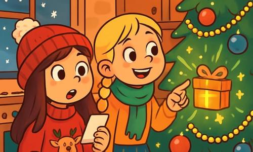 There are two main characters: Lila, a 9-year-old girl with long brown hair, wearing a red sweater with a reindeer pattern and a wool hat. She stands with bright curious eyes, holding a small piece of paper in her hand. Mia, also 9, has braided blonde hair, dressed in a green scarf and a plaid skirt. She stands next to Lila, smiling and pointing at a shiny box hanging on the Christmas tree. The scene takes place in a cozy kitchen decorated for Christmas, featuring a large sparkling tree adorned with golden garlands and colorful baubles. Snowflakes gently fall outside through a window, and twinkling lights illuminate the room. Christmas cookies are laid out on the table, with a sweet scent of cinnamon in the air. The main situation shows Lila and Mia discovering a mysterious box hanging on their Christmas tree, surrounded by twinkling stars and a magical atmosphere. The girls are excited and curious, ready to open the box to uncover the secret of the Mischievous Elf.
