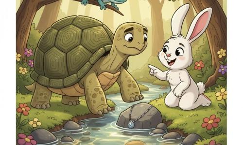 A turtle as the main character, with a green scaly shell and light brown body, wears a focused serene expression and reaches toward a rock to retrieve a partially hidden silver necklace; a fluffy white rabbit named Ruby with large pink ears kneels beside the turtle, relieved and joyful, pointing at the necklace with a paw; a small green-blue spotted gecko perches on a low branch above, watching curiously; the setting is a clear stream with smooth pebbles, mossy banks, colorful rounded flowers and rough-trunked trees surrounding the glade, sunlit and peaceful; central composition on the turtle and rabbit, warm colors, soft textures, 2D cartoon style with clean lines and readable expressions for children.