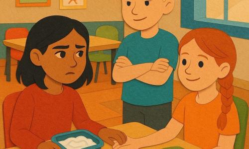 Nora, een 10‑jarig Arabisch meisje met bruine huid, halflang zwart haar en een rond gezicht, kijkt bezorgd maar vastberaden en houdt op haar schoot een open doosje labneh terwijl ze zacht praat; naast de tafel staat Lars (~11), blank, kort blond haar, met een spottende maar verzachtende blik en gekruiste armen; aan dezelfde tafel zit Fleur (~10), licht, roodgevlochten haar, die glimlacht en Nora onder de tafel geruststellend vasthoudt; tegenover Nora zit Sami (~10), olijfkleurig, bruin haar, nieuwsgierig lachend en proevend van labneh van zijn vinger; de kleurrijke schoolkantine heeft lichtehouten tafels, rode en groene stoelen, dienbladen, broodtrommels, kinderplakaten en zacht licht van grote ramen; de scène toont spanning en verbinding terwijl Nora een hap van haar traditionele gerecht deelt en de anderen steun tonen; grafische stijl: uitgeknipt papier, verkreukelde texturen, scherpe schaduwen, felle contrastrijke kleuren en eenvoudige, leesbare gezichten.