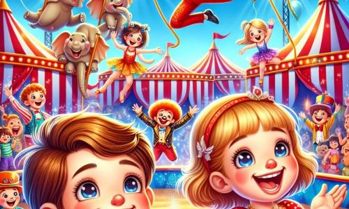 In un circo colorato, un ragazzo di 5 anni di nome Marco, con capelli castani e occhi brillanti, salta felicemente in un grande cerchio di sabbia, ridendo con i suoi amici. Accanto a lui, una ragazza di 4 anni di nome Sofia, con capelli biondi e un vestito rosso a pois, applaude sorridendo, con le braccia alzate. Un trapezista di nome Leo, un uomo muscoloso con un costume scintillante, vola sopra di loro, eseguendo un'acrobazia spettacolare. Il circo è vibrante, pieno di tende a righe rosse e bianche, luci scintillanti e palloncini colorati nel cielo blu. Animali come elefanti e leoni si trovano sullo sfondo, mentre clown ridono e ballano intorno a loro. La scena principale mostra Marco e Sofia che volano su un tappeto magico, tenendo saldamente la mano di Leo, che li guida con un grande sorriso, mentre un clown divertente si unisce a loro ballando gioiosamente.