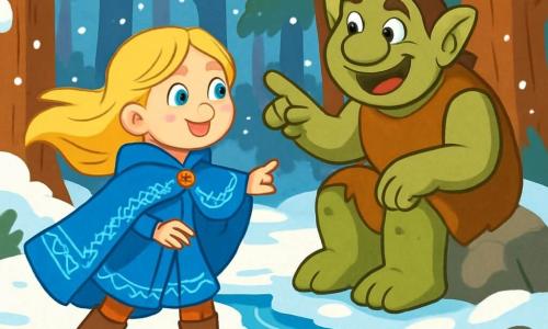 A young girl named Astrid, around 12 years old, stands bravely at the edge of a frozen river. She wears a bright blue cape adorned with Nordic patterns, and her blonde hair gently flows in the cold wind. Her face shows determination and curiosity, with sparkling eyes full of joy. Next to her, a large troll named Thorin, about 50 years old, sits on a rock. He has rough, greenish skin and friendly, round eyes. Thorin smiles warmly at Astrid, showing her the way through the forest. The setting is an enchanted forest with majestic trees and thick trunks covered in sparkling snow. Snowflakes gently fall, creating a magical and peaceful atmosphere. The main situation shows Astrid ready to cross the river, determined to face the challenge of the great silver wolf guarding the passage. The scene is filled with vibrant colors and enchanting details, capturing the spirit of adventure and magic from Nordic tales.