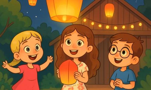O fată de 10 ani, Mara, cu părul castaniu lung și ondulat și ochi verzi strălucitori, zâmbește cu uimire ținând în mâini un lampion colorat. Poartă o rochie ușoară cu flori și sandale, stând în centrul imaginii, înconjurată de o lumină blândă și caldă. La dreapta ei, Andrei, un băiat de 10 ani cu părul scurt și ochelari rotunzi, observă lampionul cu fascinație, având un zâmbet larg pe față. Poartă un tricou albastru și o pereche de pantaloni scurți bej. La stânga, Ioana, o fată de 9 ani cu părul blond împletit și ochi albaștri, dansează fericită, îmbrăcată într-o rochie roz aprins, așteptând ca lampionul să zboare. Scena se desfășoară într-o frumoasă hambar din lemn, decorată cu ghirlande luminoase, sub un cer înstelat, unde lampioane multicolore plutesc ușor în aerul nocturn. Florile și copacii din jur adaugă o notă de magie atmosferei. Mara, Andrei și Ioana sărbătoresc împreună un festival al lampioanelor, râzând și împărtășind dorințe, creând o atmosferă festivă și veselă, plină de lumină și prietenie.