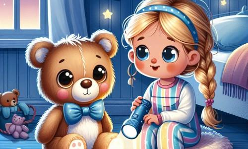 In het midden van de afbeelding zit een kleine teddybeer genaamd Bram, met een zachte, bruine vacht en een schattige blauwe strik. Hij heeft grote ronde ogen en kijkt met een beetje angst om zich heen, terwijl hij op een zacht kussen in een hoek van de kamer zit. Naast hem staat een klein meisje genaamd Emma, met blonde vlechten en een geruststellende glimlach, die een zaklamp vasthoudt die hun omgeving zachtjes verlicht. Ze draagt een gestreepte pyjama en lijkt blij, terwijl ze Bram aanmoedigt om het mysterie van de nacht te verkennen. De scène speelt zich af in een warme kamer, met pastelblauwe muren, glinsterende sterren aan het plafond en speelgoed verspreid over de vloer. Op de achtergrond is een groot bed met zachte dekens zichtbaar en een open raam onthult een sterrenhemel. Bram en Emma verkennen de schaduwen die op de muren dansen, waarbij hun angst verandert in nieuwsgierigheid en verwondering.