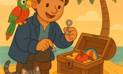 A smiling, brave man, Captain Ben, with tousled brown hair and a simple navy jacket holds a small silver key in his right hand as he looks at a small wooden box on the sand; a parrot named Pip with bright green and red plumage and a mischievous look perches on Ben’s right shoulder wearing a small silly feathered hat; a gray tabby cat named Mops with curious round eyes plays with a gold coin beside Ben’s boots; setting: a tiny tropical island with a single crooked palm, warm yellow sand, calm turquoise sea and soft orange sunset sky; main scene: Ben opens the box with the key to reveal shiny coins, a red apple and a colorful hat, joyful mood, vivid colors, rounded shapes and simple soft outlines.
