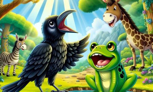 Um corvo chamado Caro, com penas pretas brilhantes e olhos curiosos, imita um sapo com um grande sorriso. Ao lado dele, um sapo verde vibrante, com olhos grandes e sorriso largo, aplaude alegremente, sentado em uma pedra à beira de um pequeno lago. Ao fundo, uma girafa chamada Gigi, com seu longo pescoço e manchas douradas, ri, enquanto um burro chamado Beto, com orelhas grandes e olhos travessos, ri à distância. A cena acontece em uma floresta encantada, com árvores altas e verdes, flores coloridas e raios de sol filtrando pelas folhas. Caro diverte todos os animais ao seu redor, criando uma atmosfera alegre e festiva.