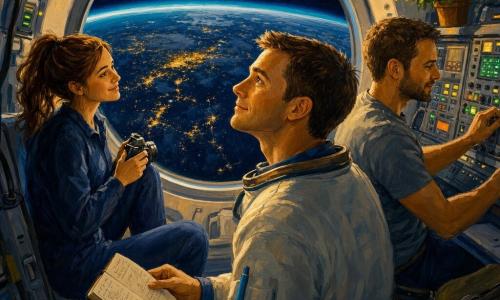 Mężczyzna-astronauta około trzydziestki o łagodnej twarzy i krótkich brązowych włosach patrzy przez duży wypukły właz na Ziemię, spokojny i zachwycony, trzyma otwarty notatnik z zapisanymi stronami, a niebieski długopis jest przymocowany do skafandra; obok po lewej siedzi Ania, około 28 lat, kasztanowe włosy w kucyku, delikatnie się uśmiecha trzymając małą kamerę; po prawej Marek, około 32 lat, lekki zarost, szare t‑shirt, reguluje panel przyrządów skupiony i spokojny; wnętrze kabiny metaliczne i przytulne — kremowe ściany, szare panele, zielone i pomarańczowe świecące przyciski, uporządkowane przewody i mała doniczkowa roślina; przez właz widać nocną Ziemię w głębokim granatowym kolorze z żółto oświetlonymi miastami i cienką turkusową linią atmosfery; scena pokazuje wspólny, spokojny moment po misji, postaci blisko siebie, miękkie światło z włazu rzucające długie cienie i refleksy na notatniku i twarzach; styl: malarstwo akrylowe z widocznymi pociągnięciami pędzla, nasycone kolory, grube faktury farby, magiczna i pocieszająca atmosfera.