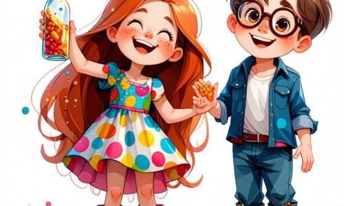 Ein 7-jähriges Mädchen, Lili, mit langen, leuchtend roten Haaren und Sommersprossen, lächelt fröhlich, während sie ein kleines, glitzerndes Fläschchen voller Lachen hält. Sie trägt ein buntes gepunktetes Kleid und Gummistiefel und steht strahlend in der Mitte des Bildes. Neben ihr schaut Max, ein 8-jähriger Junge mit runden Brillen und zerzausten braunen Haaren, mit weit aufgerissenen Augen auf das Fläschchen und hält ein altes Witzbuch in den Händen. Etwas weiter hinten lacht Mia, ein 7-jähriges Mädchen mit geflochtenen blonden Haaren und einem rosa Kleid, sich vor Lachen mit den Händen auf dem Bauch nach vorne beugend. 

Die Szene spielt im Dorf Plumpshausen, wo die bunten, schiefen Häuser von strahlenden Blumen und großen, tanzenden Bäumen umgeben sind. Der Himmel ist blau mit einigen flauschigen Wolken, und Vögel fliegen fröhlich darüber hinweg.

Die Hauptsituation zeigt Lili, Max und Mia, die ihren Sieg feiern, nachdem sie das Fläschchen mit dem gestohlenen Lachen der Dorfbewohner gefunden haben, umgeben von Licht und Freude, während Lachen wie Seifenblasen um sie herum schwebt.