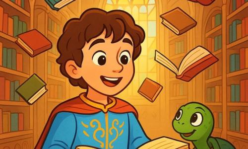 Ein Prinz namens Emil, etwa 10 Jahre alt, steht im Zentrum einer großen Bibliothek, seine Augen leuchten vor Neugier und ein erstaunter Ausdruck liegt auf seinem Gesicht. Er trägt eine himmelblaue Tunika mit goldenen Mustern, und seine lockigen braunen Haare fallen leicht auf seine Stirn. Neben ihm beobachtet eine kleine Schildkröte namens Liora mit ihrem grünen Panzer und schelmischen Augen aufmerksam, als ob sie seine Aufregung teilt. Der Ort ist eine majestätische Bibliothek mit hohen gewölbten Decken, geschnitzten Holzregalen voller bunter Bücher und goldenen Lichtstrahlen, die durch große Buntglasfenster filtern und die Szene in eine warme, magische Atmosphäre tauchen. Die Hauptsituation zeigt Emil, der ein altes Buch mit goldenen Seiten entdeckt, während fliegende Bücher um ihn herum schweben, als würden sie in der Luft tanzen. Liora, die Schildkröte, schaut bewundernd zu und schafft eine Atmosphäre von Abenteuer und Entdeckung.