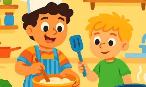 Ein junger Mann, Emil, mit einer großen weißen Kochmütze, lächelt fröhlich beim Kochen in einer lebhaften Küche. Er hat lockige braune Haare und trägt ein buntes Hemd unter seiner gestreiften Schürze. Seine Augen strahlen vor Aufregung, während er Zutaten in einer großen Schüssel mischt. Neben ihm hilft Max, ein 8-jähriger Junge mit zerzausten blonden Haaren, der einen Spatel hält. Er ist konzentriert und lächelt, seine Wangen leicht rot von der Anstrengung. Max trägt ein leuchtend grünes T-Shirt und blaue Hosen. Die Küche ist geräumig und hell, mit pastellgelben Wänden. Holzregale sind mit bunten Gläsern voller Gewürze und Zutaten gefüllt. Eine große Marmorarbeitsplatte ist mit frischem Gemüse, Obst und glänzendem Küchenzubehör bedeckt. Emil und Max bereiten ein köstliches Gericht zu, mit goldenen Äpfeln, die in einer großen Pfanne braten und einen süßen, würzigen Duft verströmen. Die Atmosphäre ist fröhlich und dynamisch, erfüllt von lebhaften Farben und Wärme.