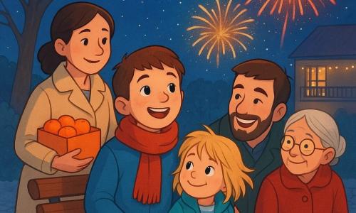 Ragazzo di 10 anni dal viso tondo e lentiggini, capelli castano corti, espressione felice, cappotto blu e sciarpa rossa che tiene la mano a un parente e guarda i fuochi d'artificio; la sorellina di circa 6 anni, capelli biondi arruffati, sorriso malizioso, accoccolata a destra; la madre di circa 35 anni, capelli castani raccolti, cappotto crema con una scatola di mandarini; il padre di circa 37 anni, barba leggera, cappotto verde scuro, accovacciato vicino ai bambini; la nonna di circa 70 anni, capelli grigi in chignon, cappotto rosso e occhiali, seduta sulla panchina; luogo: piccolo giardino invernale lastricato con panchina sotto un grande nocciolo spoglio e terreno brinato, casa accogliente sullo sfondo con luci e tavola di piatti caldi visibile; scena: notte stellata con fuochi d'artificio rossi, verdi e dorati, famiglia riunita sulla panchina, aria fredda, luci calde e vapore dalle bevande calde.