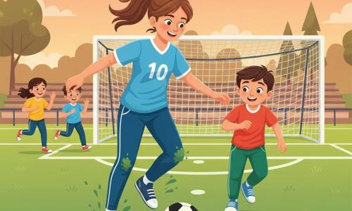 Ragazza protagonista: giovane calciatrice sorridente e determinata, capelli castani raccolti in coda, jeans sportivo e maglia celeste con numero bianco, dribbla con facilità un pallone bianco e nero, postura dinamica e spruzzi di erba sulle ginocchia; ragazzo secondario: circa 8 anni, capelli corti castani, pantalone tuta verde, sguardo ammirato, tenta un tiro a destra e leggermente davanti alla ragazza; altri bambini: una bambina ~9 anni e un ragazzo ~10 anni sullo sfondo che applaudono e corrono, abbigliamento colorato; luogo: ampio campo da calcio erboso con porta bianca e rete sottile, linee bianche nette, piccole tribune e alberi sullo sfondo, cielo pomeridiano aranciato-rosato; situazione: partita amichevole improvvisata, la giocatrice dribbla e si prepara al tiro in un'atmosfera conviviale ed energica, movimento marcato, colori vivaci e stile vettoriale semplice e leggibile per un libro per ragazzi.