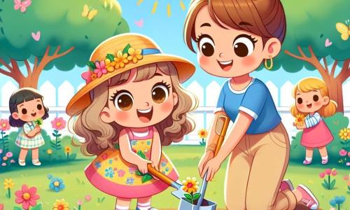 Una bambina di 4 anni, Mia, con grandi occhi scintillanti e capelli ricci, sta piantando un germoglio di fiore giallo nel giardino della scuola. Indossa un vestito colorato con motivi floreali e un cappello di paglia, mostrando un grande sorriso di gioia ed eccitazione. Accanto a lei, la sua insegnante, una donna sulla trentina con capelli castani raccolti in uno chignon, osserva con benevolenza. Indossa una maglietta blu e pantaloni beige, tiene una piccola pala e incoraggia i bambini a partecipare. Il giardino della scuola è pieno di fiori colorati, alberi verdi e farfalle che volano intorno. Il sole splende in un cielo blu chiaro, creando un'atmosfera gioiosa e primaverile. Mia sta scavando un piccolo buco nella terra con la sua pala, pronta a piantare il suo germoglio, mentre altri bambini intorno a lei annaffiano i fiori e si divertono a cantare canzoni sulla primavera.