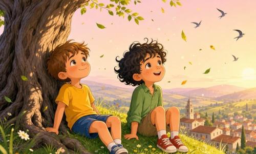 Ci sono due bambini di 5 anni: Luca, capelli castano chiaro corti, occhi marroni, maglietta gialla e pantaloncini blu, seduto a sinistra appoggiato al tronco con sguardo sogghignante verso il cielo; Marco, capelli neri ricci e lentiggini, camicia verde maniche rimboccate e scarpe da ginnastica rosse, seduto a destra con le ginocchia raccolte e le mani sull'erba, che ride leggermente osservando le foglie. Su una collina erbosa fiorita sopra un villaggio sorge un grande albero vecchio dal tronco nodoso e radici in vista, fogliame denso che fruscia; cielo mattutino rosa pallido con luce dorata che proietta ombre lunghe. I due ascoltano il vento; foglie in sottili onde, petali e pollini che fluttuano, atmosfera calma e curiosa, gesti teneri, capelli e vestiti mossi dal vento. Composizione centrata e chiara per libro per l'infanzia, colori vivaci, forme semplici e tratti morbidi per trasmettere calore e meraviglia.