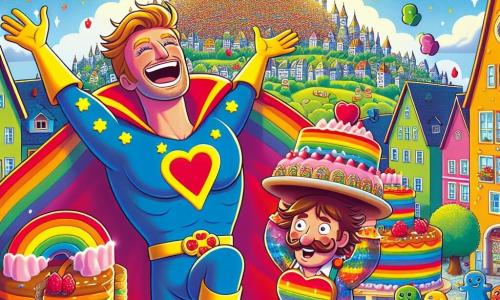 Ein Mann namens Max, ein Superheld mit strahlendem Lächeln, steht im Mittelpunkt des Bildes. Er trägt ein buntes Regenbogenkostüm mit einem großen, wehenden Umhang. Seine Augen funkeln vor Freude und er lacht herzlich, sein Lachen klingt wie eine fröhliche Melodie. Neben ihm jongliert sein Freund der Quatschmacher, ein Mann mit zerzausten Haaren und einem auffälligen Schnurrbart, mit Gummibärchenkuchen, sein Gesicht strahlt vor Aufregung. Die Szenerie spielt im Herzen von Quatschhausen, einer bunten Stadt mit lebhaften Häuserfassaden, bunten Blättern an den Bäumen und einem strahlend blauen Himmel. In der Ferne sieht man einen riesigen Gummibärchenberg, der unter der Sonne glänzt und alle Blicke anzieht. Die Hauptsituation zeigt Max und den Quatschmacher, die ein großes Festmahl aus Gummibärchen vorbereiten, umgeben von Lachen und Freude, während sie versuchen, eine Armee von Gummibärchen davon zu überzeugen, ihre Freunde zu werden und die Straßen der Stadt nicht mehr zu blockieren.