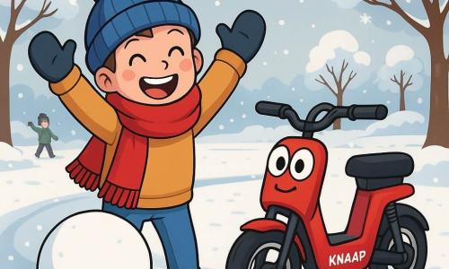Een blije kleine jongen, Max, met roze wangen en een grote glimlach, draagt een dikke rode sjaal en een blauwe wollen muts. Hij is bezig een sneeuwpop te maken, terwijl hij enthousiast een grote sneeuwbal rolt met zijn armen omhoog. Naast hem staat zijn trouwe kleine rode step, Knaap, met glanzende ogen en een kleine glimlach, trots op zijn wielen, alsof hij klaar is om te helpen. De achtergrond is een winterpark, met bomen bedekt met glinsterende sneeuw, zacht vallende sneeuwvlokken uit de lichtgrijze lucht, en een gladde stoep waar andere kinderen in de verte spelen. De scène straalt een blije en warme sfeer uit, vol avontuur en vriendschap, terwijl Max en Knaap zich voorbereiden om hun sneeuwpop te maken.
