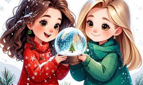 Una niña de 2 años, con grandes ojos brillantes y cabello rizado castaño, está en el centro de la imagen. Lleva un vestido rojo con motivos de copos de nieve y muestra una gran sonrisa maravillada mientras agita una bola de nieve mágica que brilla intensamente. A su lado, su mejor amiga Ana, también de 2 años y con cabello liso y rubio, lleva un suéter verde con renos. Mira la bola con ojos desorbitados, las manos en las mejillas, llena de asombro. Al fondo, la clase está decorada con guirnaldas luminosas, dibujos navideños en las paredes y un gran árbol de Navidad adornado con bolas de colores y estrellas doradas. La escena muestra a las dos niñas, rodeadas de sus compañeros de clase, cantando villancicos alegres mientras decoran la sala, creando una atmósfera festiva y mágica.