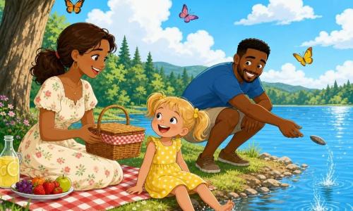 The main character is a happy, laughing 4-year-old girl with blonde pigtails in a yellow polka-dot dress dipping her toes in the lake; the mother, about 30, with tied chestnut hair and a light floral dress sits on a checked blanket offering a picnic basket; the father, about 32, with short hair and light beard in a blue t-shirt and khaki shorts crouches by the shore skipping a flat stone; the setting is a sparkling lake with green grass, a large shady tree, colorful butterflies and a blue sky with fluffy clouds; the scene shows a peaceful sunny summer family picnic with apples, sandwiches and the parents joyfully watching their daughter play.
