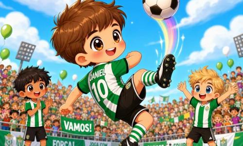 Um menino, Daniel, sorridente e concentrado, cabelo castanho curto, pele clara, olhos grandes e brilhantes, com camisola verde e branca, calções curtos, meias às riscas e chuteiras, a fazer um "arco-íris" com a bola no ar sobre a sua chuteira, postura leve, expressão alegre e orgulhosa; atrás, a ~2 m, Pedro (c.12 anos), cabelo preto desgrenhado, pele bronzeada, aplaudindo, rosto maravilhado; à direita, Tomás (c.13 anos), cabelo loiro, largo sorriso, pronto para receber o passe, braços erguidos; local: relvado de futebol com cores vivas, linhas brancas, pequenas bancadas com famílias e balões, céu azul com nuvens fofas; cena dinâmica e luminosa, bola a descrever um arco sobre um adversário invisível, ambiente festivo em estilo kawaii com cores saturadas, contrastes suaves e contornos arredondados.