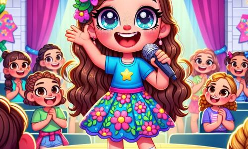 Uma menina de 8 anos, Lúcia, com longos cabelos castanhos e olhos brilhantes, está no centro da imagem. Ela usa um vestido colorido com flores e exibe um grande sorriso, cheia de alegria e confiança, enquanto canta em um palco. Ao lado dela, sua melhor amiga Clara, também de 8 anos, tem cabelos loiros trançados e usa uma camiseta azul com um short. Clara aplaude entusiasticamente, mostrando seu apoio a Lúcia. A cena acontece em um concurso de talentos na escola, decorada com guirlandas coloridas e balões. Ao fundo, crianças e adultos estão sentados em cadeiras, com rostos iluminados pela excitação, alguns segurando cartazes de apoio. A situação principal mostra Lúcia cantando com paixão, enquanto Clara a encoraja, criando uma atmosfera de camaradagem e felicidade, ilustrando o tema da amizade.