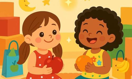 Há 2 personagens principais: Sofia, uma menina de 4 anos com longos cabelos castanhos presos em dois coques, vestindo uma blusa vermelha com bolinhas brancas, sentada em um tapete macio, sorrindo e segurando uma linda maçã vermelha; e Yasmin, uma menina de 4 anos com cabelos negros cacheados, usando uma blusa amarela com flores coloridas, sentada ao lado de Sofia, segurando uma laranja brilhante e rindo alegremente. O cenário é uma sala iluminada e acolhedora, cheia de grandes caixas de papelão coloridas, sacos de frutas e decorações festivas, com paredes adornadas com guirlandas cintilantes e desenhos de estrelas e luas, criando uma atmosfera calorosa e feliz. A cena principal mostra Sofia e Yasmin organizando frutas para ajudar os outros, com sorrisos radiantes e uma pequena luz dourada flutuando acima delas, adicionando um toque mágico, enquanto riem e trocam olhares cúmplices, compartilhando um segredo alegre.