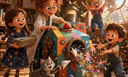 An enthusiastic, radiant female inventor with copper curly hair, a paint-stained smock and round glasses presses a big red button on the 