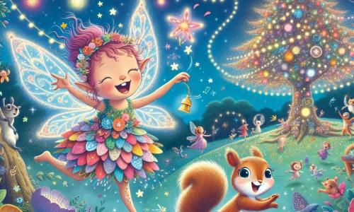 In an enchanted clearing, a little fairy named Twinkle, with wings sparkling like stars, expresses overflowing joy while dancing under a starry sky. She has sparkling pink hair and wears a dress made of colorful petals that swirl around her. Beside her, her friend Pippin, a squirrel with twinkling eyes and a bushy tail, jumps for joy with a big smile on his face, holding a small bell that shines in the moonlight. The setting is filled with joyful creatures, brightly colored singing flowers, and a large glowing tree, the Grand Glowberry Tree, sparkling brilliantly. The scene is festive, with strings of lights and fireworks illuminating the night sky. The main situation shows Twinkle and Pippin sharing their New Year's resolutions with their friends, surrounded by laughter and happiness, celebrating the arrival of a new year full of promises and adventures.
