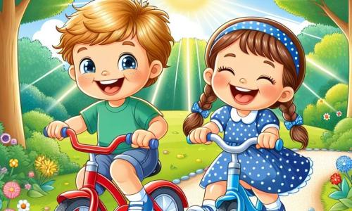A 2-year-old boy with messy blonde hair and a big smile is sitting on his shiny red bike, hands on the handlebars, eyes sparkling with excitement. Next to him, a 2-year-old girl with braided brown hair and a blue polka dot dress is joyfully laughing while holding her blue bike. They are in a green park filled with bright leaves and colorful flowers, with a gravel path winding through the grass. The scene shows the two children ready for a race, their faces beaming with happiness and friendship, surrounded by sunlight illuminating their adventure.