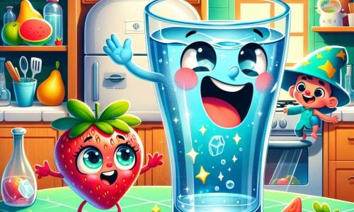 Ein großes Wasserglas mit großen runden Augen und einem breiten Lächeln, voller Energie und Neugier, tanzt fröhlich auf einem bunten Küchentisch, die Arme in die Luft erhoben, als würde es einen glücklichen Moment feiern. Neben ihm springt eine kleine lächelnde Erdbeere mit funkelnden Augen und grünen Blättern begeistert, bereit, ihm bei seiner Suche zu helfen, während ein kleiner Zauberer in einem sternenbesetzten Umhang mit einem schelmischen Blick und einem funkelnden Zauberstab die Szene mit einem verschwörerischen Lächeln beobachtet, bereit, einen Zauber zu wirken. Die Küche ist voller lebendiger Farben, mit glänzendem Besteck, frischen Früchten auf der Theke und einem großen offenen Kühlschrank, der Regale voller Köstlichkeiten zeigt. Die Hauptsituation zeigt das Wasserglas und die Erdbeere, die sich darauf vorbereiten zu tanzen, um einen großen Eisblock zum Lachen zu bringen, der den Zugang zu den Erdbeeren blockiert, was eine amüsante und magische Stimmung schafft.