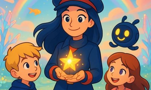 Luna, capitã corajosa de rosto sorridente e cabelos longos azul‑noite, segura delicadamente no centro uma pequena centelha dourada e luminosa enquanto sorri de forma protetora; à direita flutua Lume, um robô companheiro pequeno e redondo com olhos‑lâmpada e sorriso em néon, e à esquerda um menino de ~8 anos de cabelos loiros e capa de estrelas estende a mão maravilhado; uma menina de ~7 anos de olhos lilases, com colar de cristais, segura a mão do menino e dança em círculo; tudo acontece numa clareira de um planeta coberto de nuvens coloridas com árvores de cristal translúcido e solo brilhante como vidro polido com pequenas flores de luz, ao fundo um arco‑íris em túnel e meteoros em forma de peixes dourados; cena de paz e alegria pós‑missão, centelha projeta halos quentes, ambiente caloroso e mágico, paleta viva (dourado, azul‑noite, rosa coral, turquesa), sombras suaves em cel‑shading, texturas lisas e brilhantes, composição centrada com ângulo levemente em plongée.