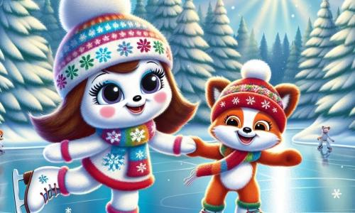 In una foresta invernale magica, una piccola sciarpa di lana di nome Lana, morbida e colorata con motivi di fiocchi di neve, pattina gioiosamente su un lago ghiacciato, il suo viso radioso di felicità ed eccitazione. Accanto a lei, il suo amico cappello Pongo, un cappello rosso vivo, sta facendo delle pirouette sul ghiaccio, mostrando un grande sorriso e occhi scintillanti di gioia. La scena si svolge in una foresta innevata, dove alberi maestosi sono coperti di neve scintillante e fiocchi cadono dolcemente dal cielo azzurro, creando un'atmosfera incantata. Lana e Pongo si divertono a pattinare insieme, scivolando e ridendo, mentre riflessi di luce danzano sulla superficie del lago, rendendo il momento ancora più magico.