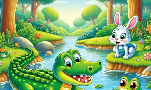 Un crocodil fericit numit Cucu, cu o piele verde strălucitoare și ochi mari și sclipitori, înoată într-un pârâu limpede, căutând amuleta sa prețioasă de sticlă. Lângă el, o broască mică pe nume Maria, cu o piele verde aprinsă și pete galbene, sare pe o frunză, încurajându-l cu un zâmbet prietenos. Un iepuraș adorabil, cu urechi mari și blană albă, stă pe mal, privind cu curiozitate și pregătit să ajute. Decorul este o pădure luxuriantă, cu copaci cu frunze strălucitoare, flori colorate și un pârâu sclipitor sub soare. Cucu, hotărât și puțin îngrijorat, scrutează fundul apei, sperând să-și regăsească amuleta pierdută.