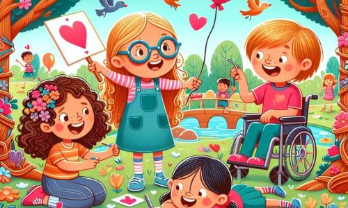 Una niña de 11 años, con largos cabellos castaños y gafas redondas, sonríe alegremente sosteniendo un gran cartel colorido que dice "Búsqueda del Tesoro de San Valentín". A su lado, otra niña de 11 años, con cabello rubio y rizado, ríe agitando una pequeña tarjeta decorada con corazones. Un niño de 12 años, con cabello castaño y pecas, observa con curiosidad un globo rojo que acaba de desatar, mientras una niña en silla de ruedas, con cabello negro y mucha energía, dibuja corazones en una hoja de papel. La escena tiene lugar en un parque soleado, lleno de flores coloridas, grandes árboles y un estanque con patos. Los cuatro amigos están en plena búsqueda del tesoro, riendo y ayudándose para resolver acertijos, rodeados de colores vivos y alegría, simbolizando la amistad y el espíritu del Día de San Valentín.