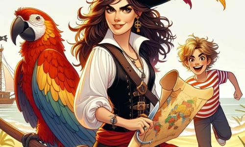 In het midden van de afbeelding staat Kapitein Lila, een dappere vrouwelijke piraat van ongeveer dertig jaar, trots op een gouden zandstrand. Ze draagt een piratenhoed versierd met kleurrijke veren, een wit shirt en een zwarte leren vest, met een vastberaden glimlach op haar gezicht. Haar lange bruine haren wapperen in de wind en ze houdt enthousiast een schatkaart vast. Aan haar rechterkant danst Tom, een 10-jarig jongetje met rommelig blond haar, vrolijk om een grote kleurrijke papegaai af te leiden. Hij draagt een rode bandana en gestreepte broek, met een grote glimlach die zijn ondeugende geest laat zien. Aan de linkerkant kijkt een andere jonge piraat, een 9-jarig meisje genaamd Mia met krullend bruin haar, bewonderend toe. Ze houdt een houten schep vast, klaar om te graven, en draagt een blauwe tuniek met schelpenmotieven. Haar ogen stralen van opwinding terwijl ze wacht om de schat te ontdekken. De achtergrond toont een tropisch eiland met weelderige palmbomen die zachtjes in de bries wiegen en een glinsterende turquoise zee. De lucht is helderblauw met enkele donzige witte wolken. De hoofdscène toont Kapitein Lila en haar jonge piraten die hun plan voorbereiden om de schat te graven die onder een grote palm ligt, terwijl de papegaai, geïntrigeerd, hen nieuwsgierig observeert.