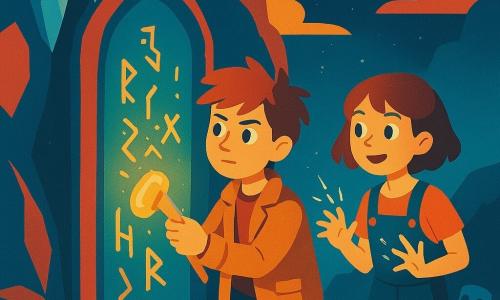 Een 10-jarige jongen, Karel, met warrig haar en nieuwsgierige ogen, staat vastberaden voor een mysterieuze deur versierd met lichtgevende runen. Hij draagt een wollen jas en houdt een vreemd gereedschap vast dat zachtjes gloeit. Naast hem staat een 11-jarig meisje, Nuri, met kort haar en elektrische vonken in haar handen, die enthousiast toekijkt. Ze draagt een monteursoverall en staat iets op de achtergrond, klaar om te helpen. De omgeving is een fantastische klif, de Klif van Aster, waar hangende kristallen fonkelen als sterren in een schemerige hemel. De hoofdscène toont Karel die een lichtgevende belofte in de steen graveert, terwijl Schakelaarbeesten, mechanische wezens met knoopogen, nieuwsgierig vanuit de schaduw toekijken.