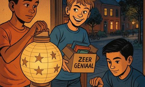 Drie jongens: Amin (~11) hâle huid, korte krullende zwarte haren, zachte vermoeide ogen, staat links bij het raam met een grote beige papieren lantaarn met uitgesneden sterren, Sem (~11) licht huid, warrig lichtbruin haar, ondeugende glimlach, staat midden voor de deur met een kartonnen doos gemerkt ZEER GENIAAL vol kleurige affiches en lacht naar Amin, Youssef (~12) olijfkleurige huid, gekamde zwarte haren, rustige blik, knielt rechts en stelt een kleine LED-lamp in een open lantaarn op zijn knieën af; zicht door groot raam op een woonstraat bij schemering met rode bakstenen gevels, lichte gordijnen, bomen, warme gele lantaarns en geparkeerde fietsen; ze bereiden een Lichtjesroute voor Ramadan: papieren lantaarn werpt gouden sterren op de binnenmuur, enkele burenramen al verlicht; warme kleuren (oranje, geel, bruin) tegen diepe avondblauwen, heldere comicstijl met zachte schaduwen en leesbare gelaatsuitdrukkingen.