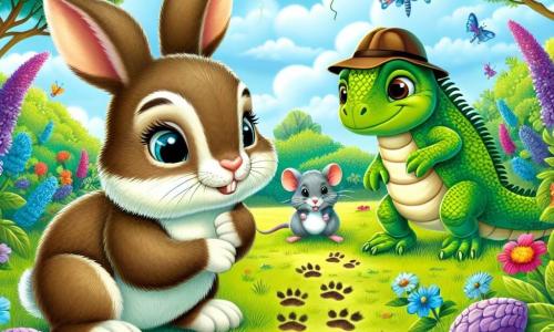Ein niedlicher kleiner Hase mit großen Ohren und weichem, braunem Fell, dessen neugierige Augen funkeln, steht im Mittelpunkt des Bildes und schnüffelt an Pfotenabdrücken im Gras. Rechts von ihm beobachtet eine kleine graue Maus mit einem schelmischen Lächeln und einem Detektivhut aufmerksam die Spuren, ihre Augen strahlen vor Aufregung. Links von ihm schaut ein fröhliches Iguana mit stacheligem Rücken und leuchtend grünen Schuppen umher, bereit zu helfen, mit einem entschlossenen Gesichtsausdruck. Die Szenerie ist ein bunter Garten, gefüllt mit strahlenden Blumen, großen Bäumen mit grünen Blättern und einem hellblauen Himmel, der von flauschigen weißen Wolken durchzogen ist. Im Hintergrund schweben bunte Ballons in der Luft und kündigen eine fröhliche Feier an. Die Hauptsituation zeigt den kleinen Hasen und seine Freunde bei einer Untersuchung, während sie geheimnisvolle Abdrücke im Gras betrachten und versuchen, das Rätsel der verlorenen Karotten zu lösen, umgeben von einer Atmosphäre von Abenteuer und Kameradschaft.