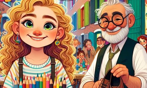 Una ragazza di 12 anni, Sofia, con capelli ricci e dorati e occhi pieni di curiosità, si trova al centro dell'immagine, con un grande sorriso sul volto e delle matite colorate in mano. Accanto a lei, un uomo anziano, il signor Bruno, di circa 60 anni, con barba grigia e occhiali rotondi, sorride calorosamente mentre tiene un paio di scarpe riparate, osservando Sofia con orgoglio. Lo sfondo è un vecchio edificio che ospita una nuova mensa comunitaria, con muri di mattoni rossi, finestre con persiane colorate e tavoli di legno disposti all'esterno, dove persone di tutte le età si riuniscono gioiosamente. La scena mostra Sofia mentre presenta i suoi disegni colorati appesi a un filo, circondata da bambini e adulti che ammirano il suo lavoro, creando un'atmosfera calorosa e solidale, piena di risate e sorrisi.