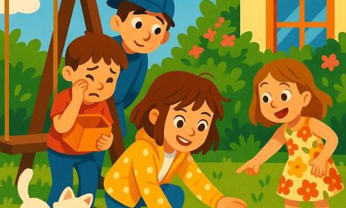 Sofia, 10 anni, sorridente e concentrata, capelli castani spettinati, giacca gialla a pois bianchi, accucciata mentre tira fuori un piccolo dinosauro verde dalle foglie; Marco, 5–6 anni, occhi lucidi ma sollevato, capelli castani corti, maglietta rossa, a sinistra con una scatola di giocattoli vuota stretta al petto; Tommaso, ~9 anni, curioso, cappellino blu e jeans, si china dietro l'altalena osservando; Lisa, ~9 anni, gioiosa, vestito a fiori, indica una pista di plastilina verde a destra; un gattino bianco peloso spunta dalle foglie vicino all'altalena con la coda alta. Giardino soleggiato con erba verde, cespugli fioriti, altalena di legno a sinistra, casa con finestra colorata sullo sfondo e cielo azzurro con qualche nuvola. Situazione: scoperta del dinosauro verde nascosto sotto un cumulo di foglie bruno-ocre; bambini raccolti, espressioni di sorpresa e sollievo, tracce di plastilina verde che conducono al cumulo. Stile: forme semplici e morbide, colori saturi, contorni netti, texture piatte, illuminazione luminosa e allegra.