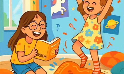 Ci sono 2 personaggi principali: - Martina: una ragazza di 11 anni con lunghi capelli castani e occhiali rotondi. Indossa una maglietta gialla con stelle e un pantaloncino di jeans. È accovacciata, ride mentre tiene un libro di barzellette. - Giulia: una ragazza di 11 anni con capelli corti e ricci, di colore castano chiaro. Indossa un vestito a fiori colorati e calze a righe. È in piedi, con le braccia alzate, mentre danza attorno a un tappeto magico. La scena si svolge in una camera per bambini luminosa e colorata, con pareti blu cielo e poster di unicorni e pianeti. Un grande tappeto morbido è steso sul pavimento, circondato da cuscini multicolori. Una finestra aperta fa entrare la luce del sole, illuminando la stanza. La situazione principale mostra Martina e Giulia che ballano attorno a un tappeto magico arancione, che si contorce e fa pirouette. Il tappeto sembra vivo, con motivi di piedi e zampette che si muovono gioiosamente. Le ragazze ridono, circondate da coriandoli colorati che cadono dal soffitto, creando un'atmosfera festosa e magica.