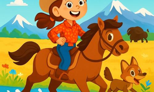 Una cow-girl intraprendente, Livia, è seduta sul suo cavallo marrone di nome Biscotto, con un grande sorriso sul volto. Indossa un cappello da cowboy beige, una camicia a quadri rossa e jeans di denim, e guarda con determinazione verso l'orizzonte. Accanto a lei, un piccolo coyote curioso, dagli occhi vivaci e dal pelo marrone, trottola allegramente, sembrando entusiasta per l'avventura. Lo sfondo è una vasta prateria dorata, punteggiata di fiori selvatici colorati, sotto un cielo blu brillante con alcune nuvole bianche e soffici. In lontananza, maestose montagne si ergono, con le loro cime innevate che scintillano al sole. La scena rappresenta Livia e Biscotto che attraversano il fiume, con schizzi d'acqua intorno a loro, mentre un bufalo spaventato fugge nell'erba alta, aggiungendo un tocco di eccitazione all'avventura.