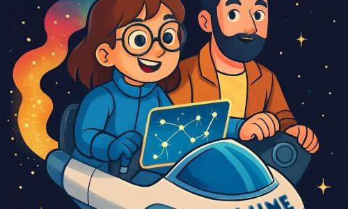 Una giovane donna, Lia, è al centro dell'immagine, con capelli castani e occhiali tondi. Indossa una tuta spaziale blu e un sorriso determinato, che esprime la sua curiosità e il suo entusiasmo. Sta pilotando la sua piccola navetta spaziale, la Lume, con uno schermo davanti a lei che mostra carte stellari brillanti. Accanto a lei, Ivo, un uomo calmo di circa 30 anni, con capelli neri e barba curata, osserva attentamente gli strumenti di navigazione. Indossa una giacca leggera e appare sereno, pronto a sostenere Lia nella sua avventura. Sullo sfondo, il vasto spazio nero è punteggiato di stelle scintillanti e una nebulosa colorata si dispiega come un quadro vivente. La navetta fluttua in un corridoio di polvere luminosa, creando un contrasto magico con il vuoto dello spazio. La scena principale mostra Lia e Ivo in esplorazione, navigando con cautela attraverso un settore misterioso non segnalato, dove la polvere spaziale brilla come diamanti, mentre cercano una rotta chiara e sicura per il loro convoglio.